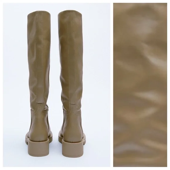 NWT. Zara Sand Brown Leather Low-Heel Knee High Boots with Topstitching. Size 8.